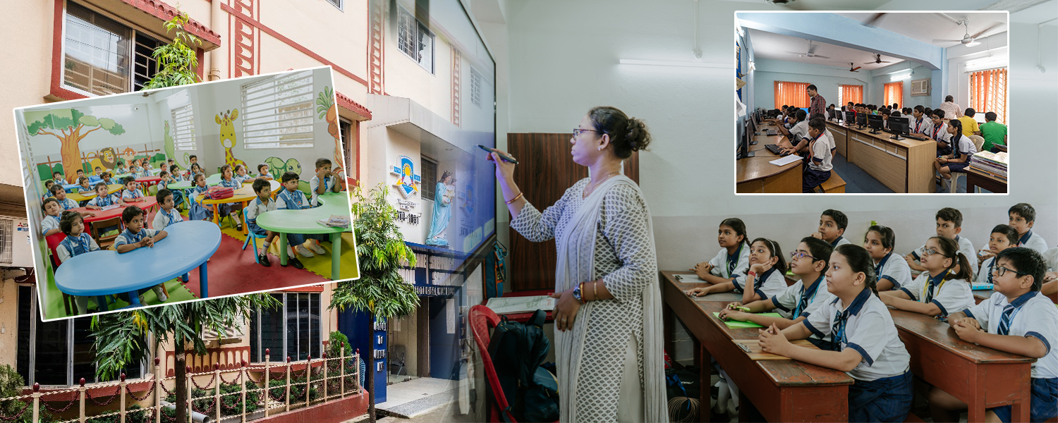 Students learning with smart classroom technology and digital education tools